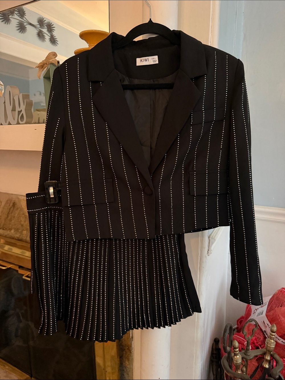 Kiwi Black Pinstripe Cropped Blazer and Pleated Skirt Set